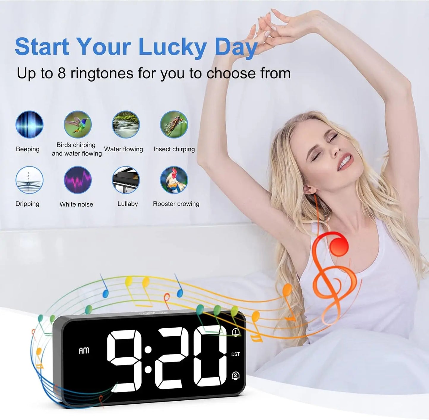 Reloj despertador digital LED con doble alarma y control de brillo