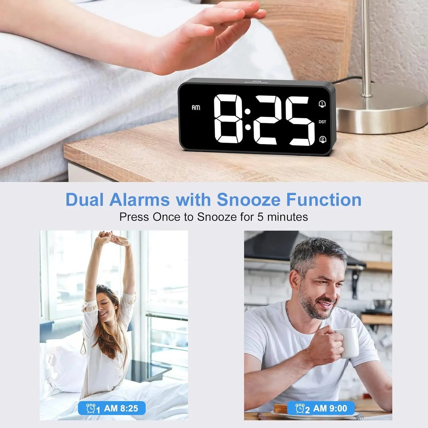 Reloj despertador digital LED con doble alarma y control de brillo