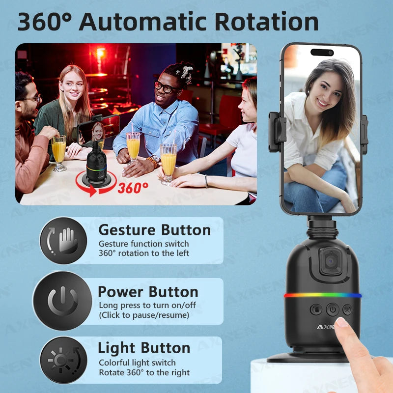 Soporte giratorio 360° con seguimiento facial automático para móvil