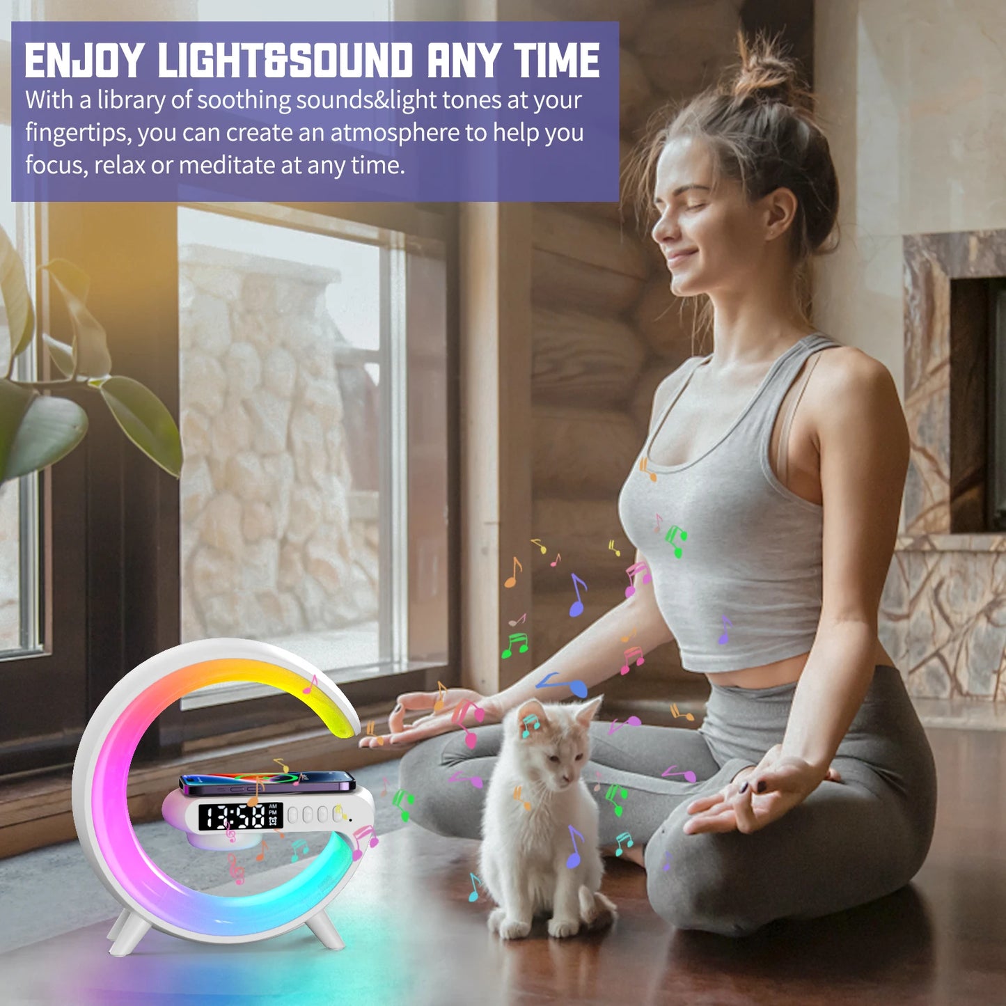 Base de Carga Inalámbrica Multifuncional con Soporte, Altavoz y Luz Nocturna RGB