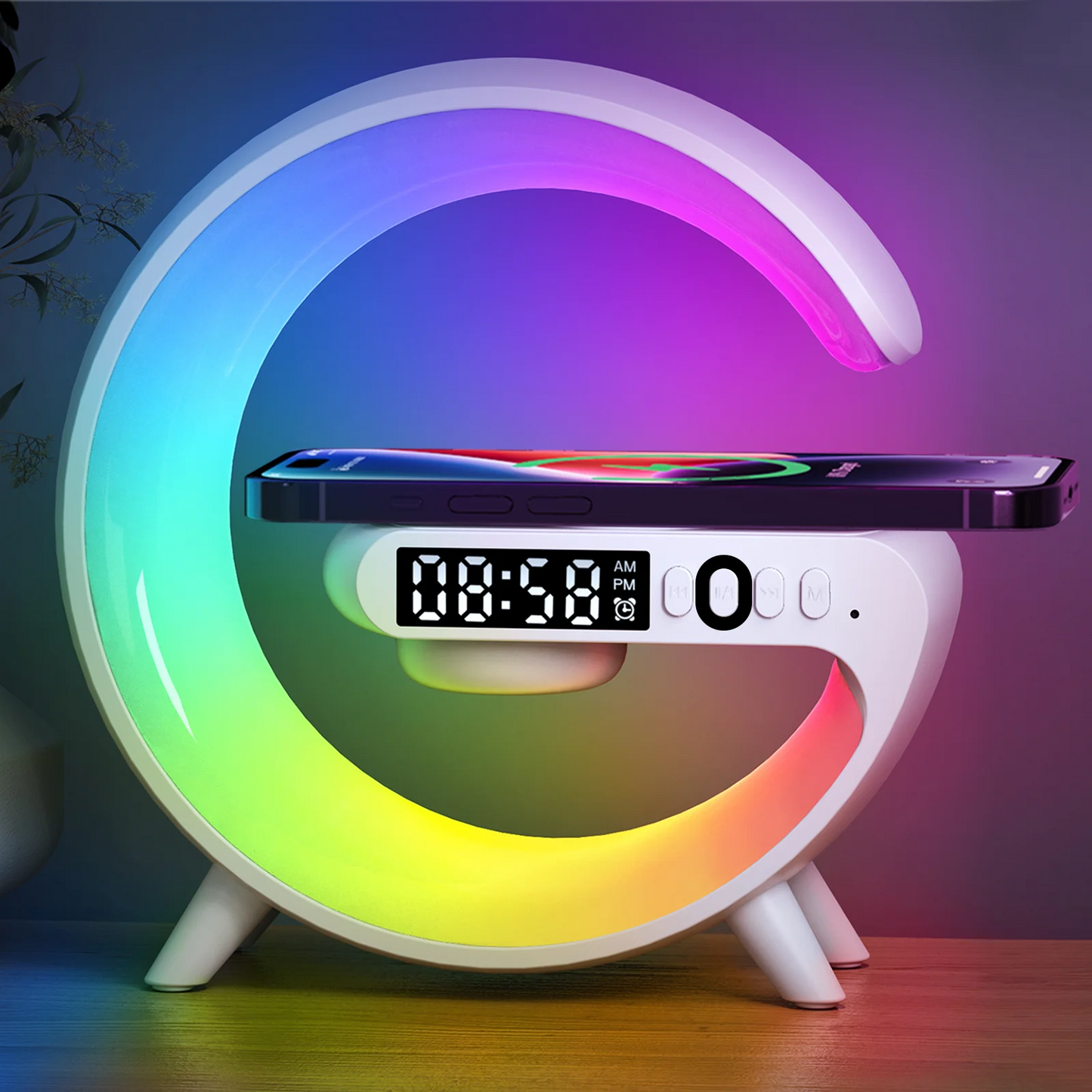 Base de Carga Inalámbrica Multifuncional con Soporte, Altavoz y Luz Nocturna RGB