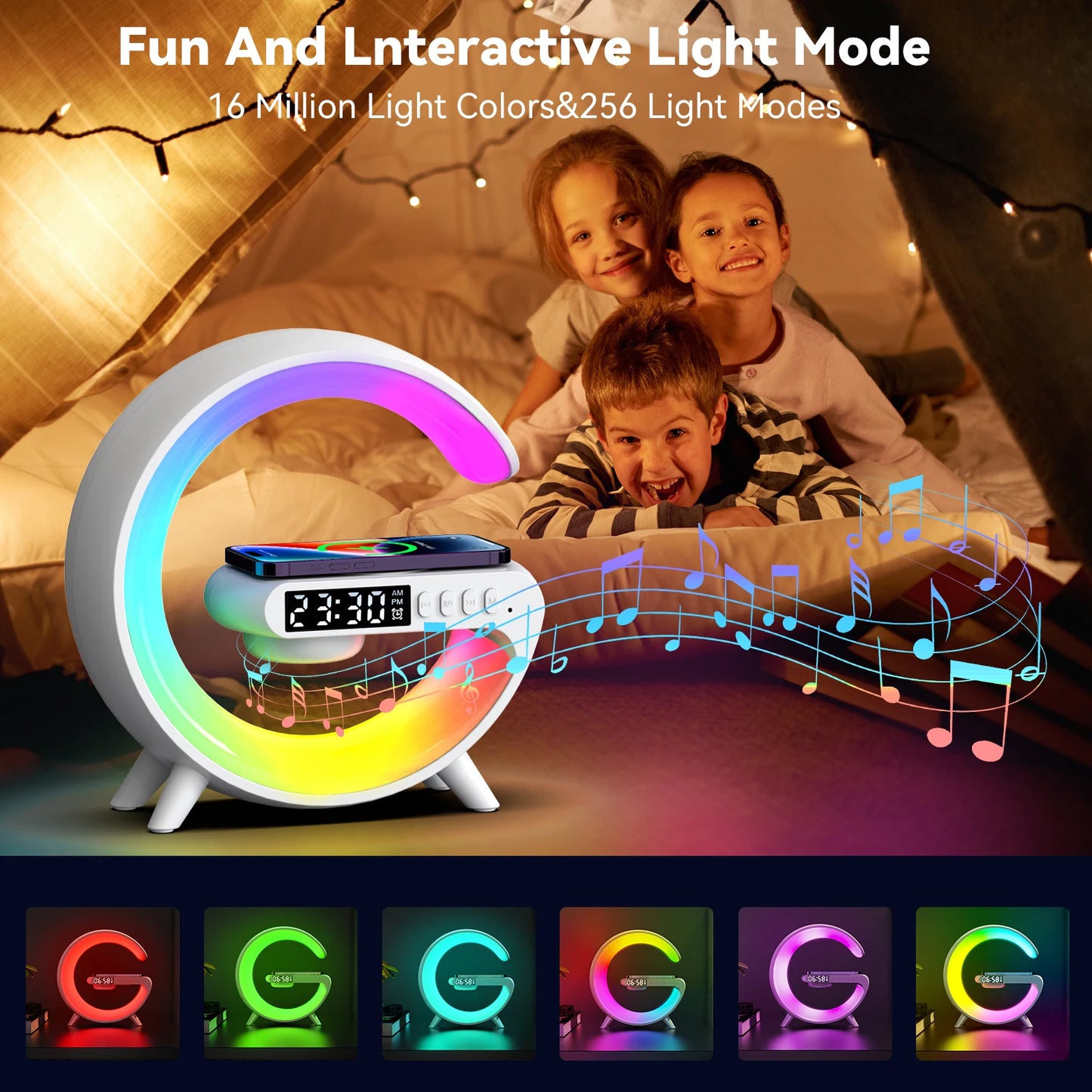 Base de Carga Inalámbrica Multifuncional con Soporte, Altavoz y Luz Nocturna RGB