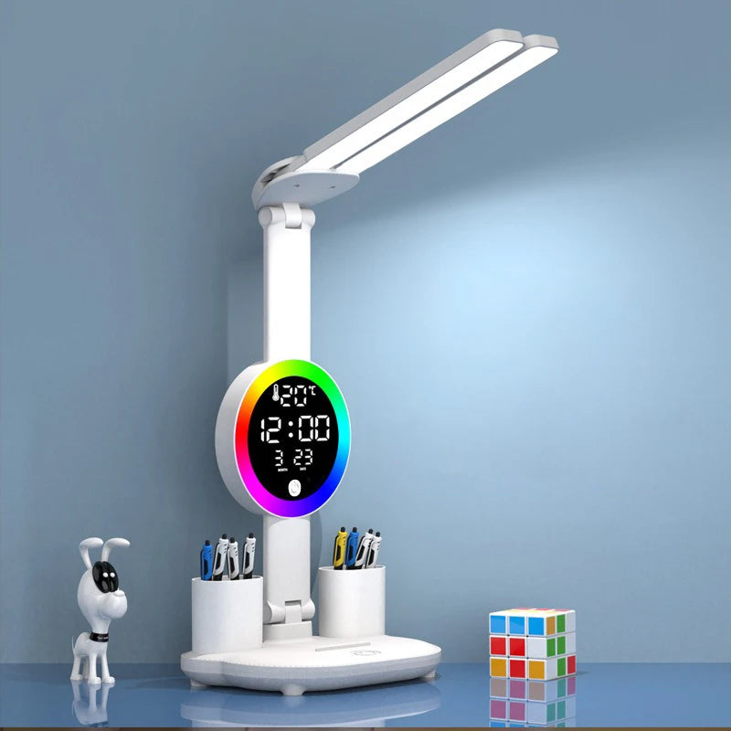 Lámpara de escritorio LED recargable con ventilador y reloj