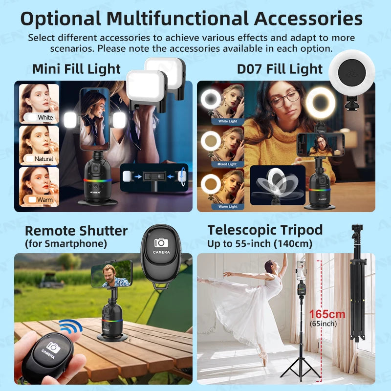 Soporte giratorio 360° con seguimiento facial automático para móvil