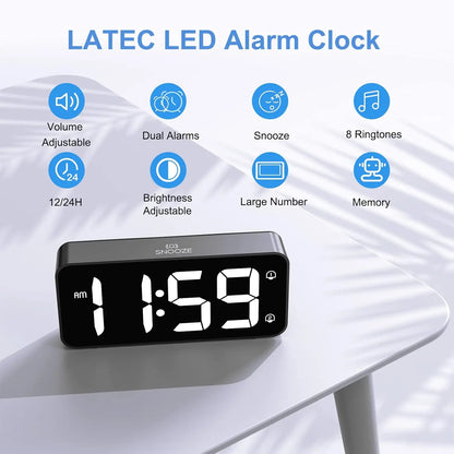Reloj despertador digital LED con doble alarma y control de brillo