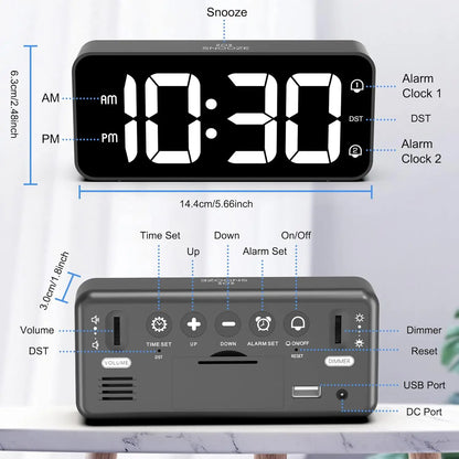 Reloj despertador digital LED con doble alarma y control de brillo