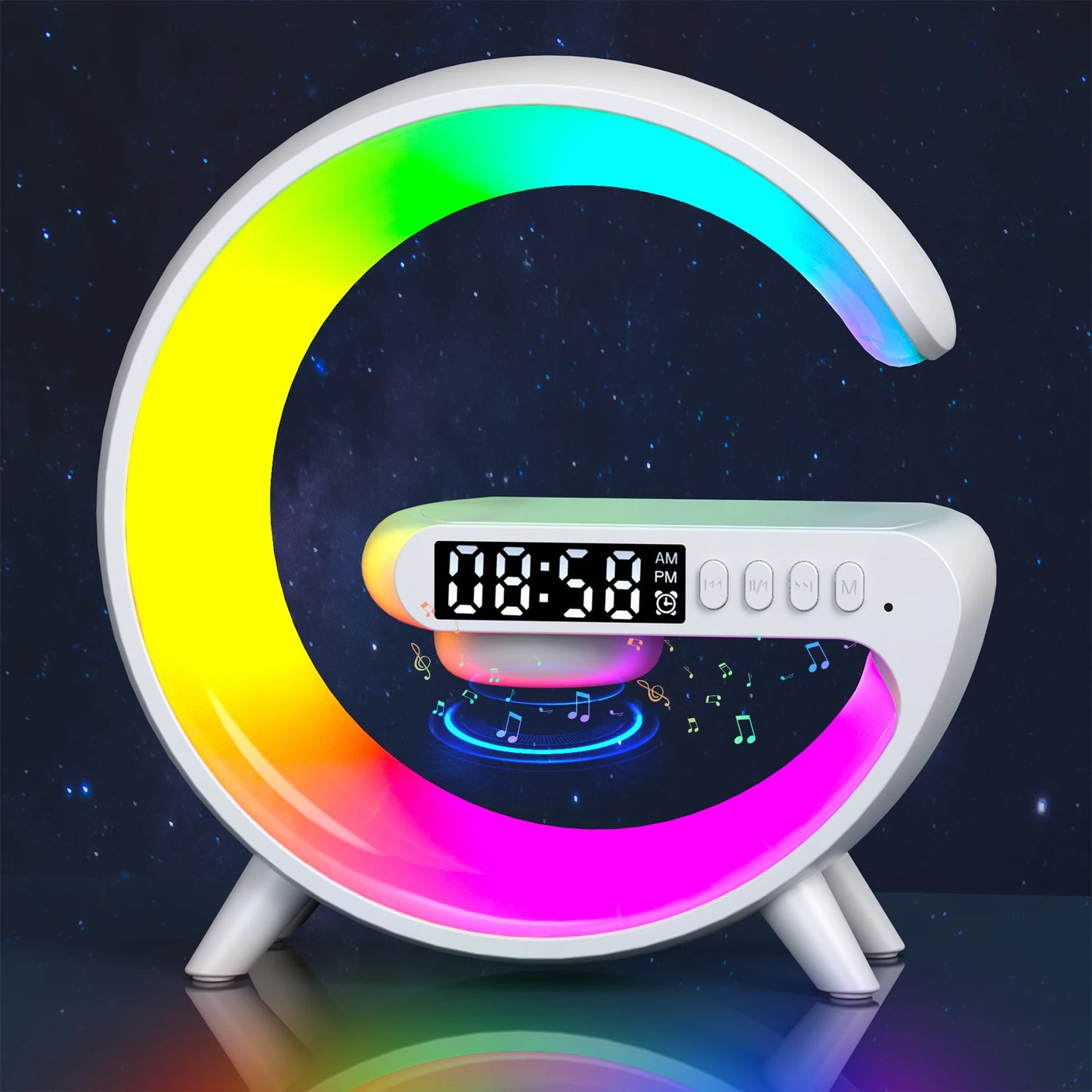 Base de Carga Inalámbrica Multifuncional con Soporte, Altavoz y Luz Nocturna RGB