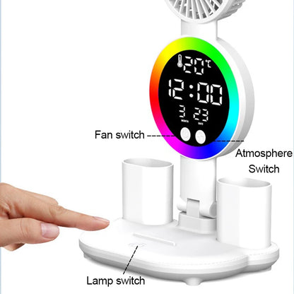 Lámpara de escritorio LED recargable con ventilador y reloj