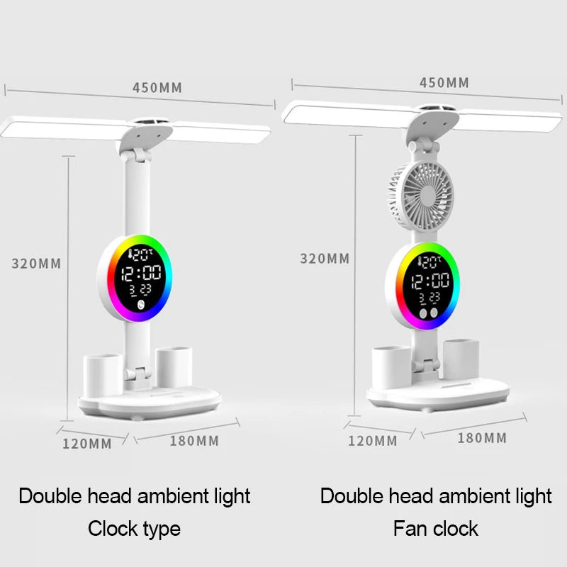 Lámpara de escritorio LED recargable con ventilador y reloj
