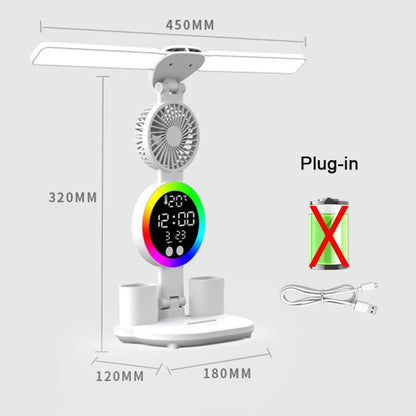Lámpara de escritorio LED recargable con ventilador y reloj