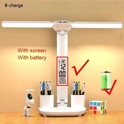 Lámpara de escritorio LED recargable con ventilador y reloj
