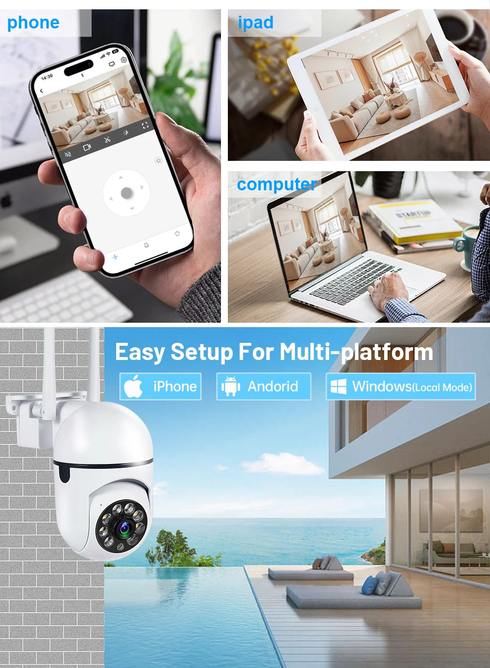 Cámara de seguridad WiFi 8MP exterior con zoom y visión nocturna