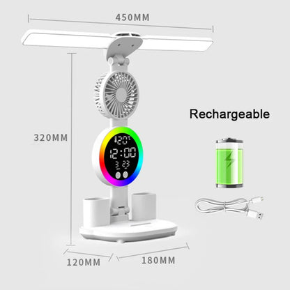 Lámpara de escritorio LED recargable con ventilador y reloj
