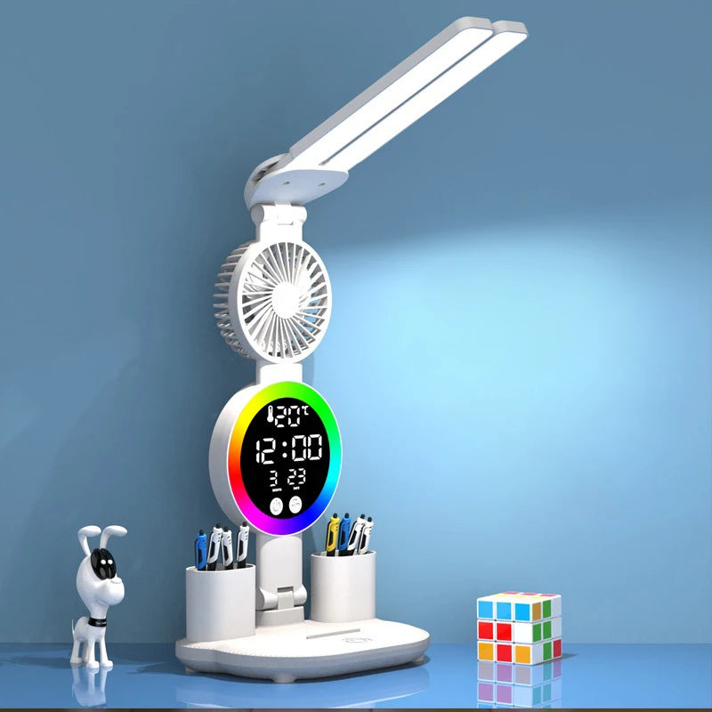 Lámpara de escritorio LED recargable con ventilador y reloj