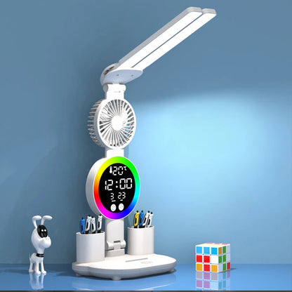 Lámpara de escritorio LED recargable con ventilador y reloj