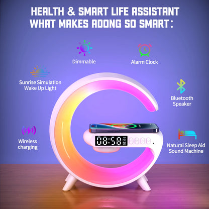 Base de Carga Inalámbrica Multifuncional con Soporte, Altavoz y Luz Nocturna RGB