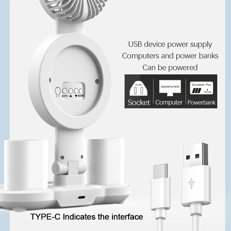 Lámpara de escritorio LED recargable con ventilador y reloj