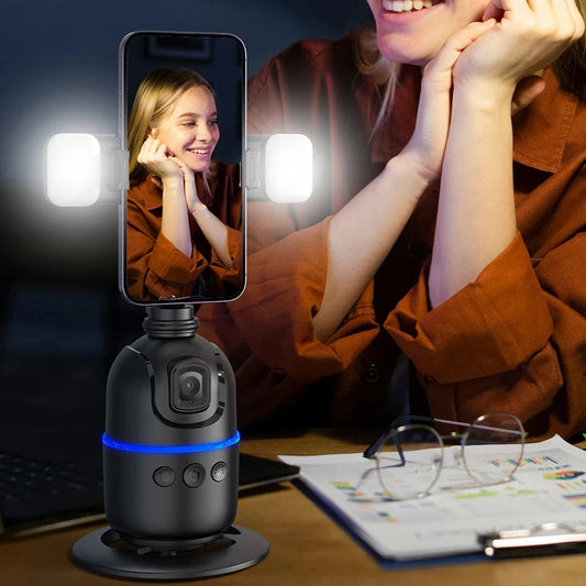Soporte giratorio 360° con seguimiento facial automático para móvil